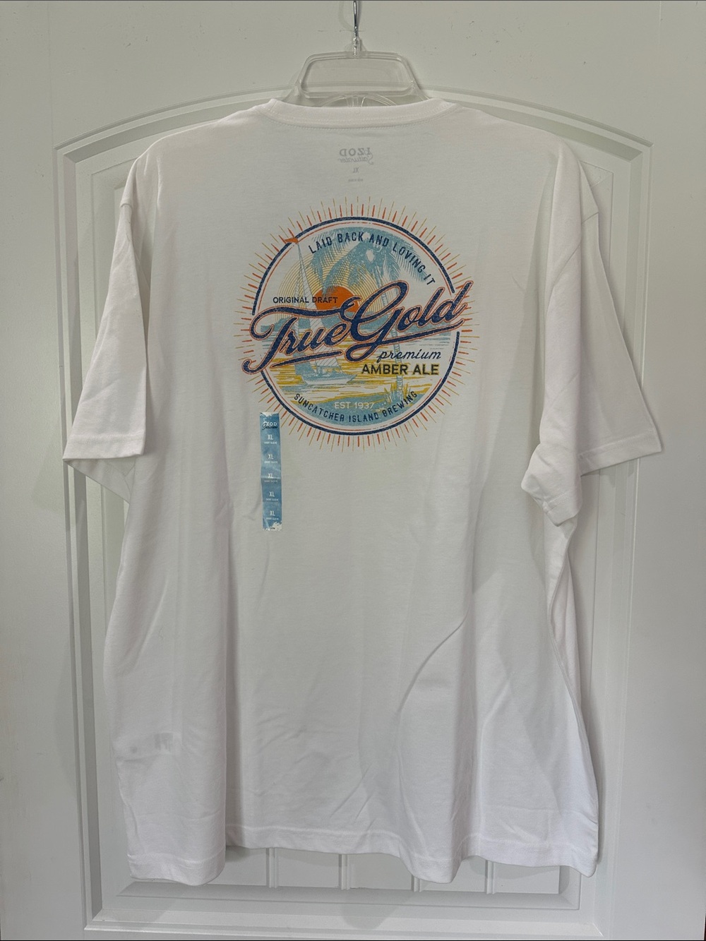 Izod White Short-Sleeve Tee with Multicolor 'True Gold' Amber Ale Back Graphic